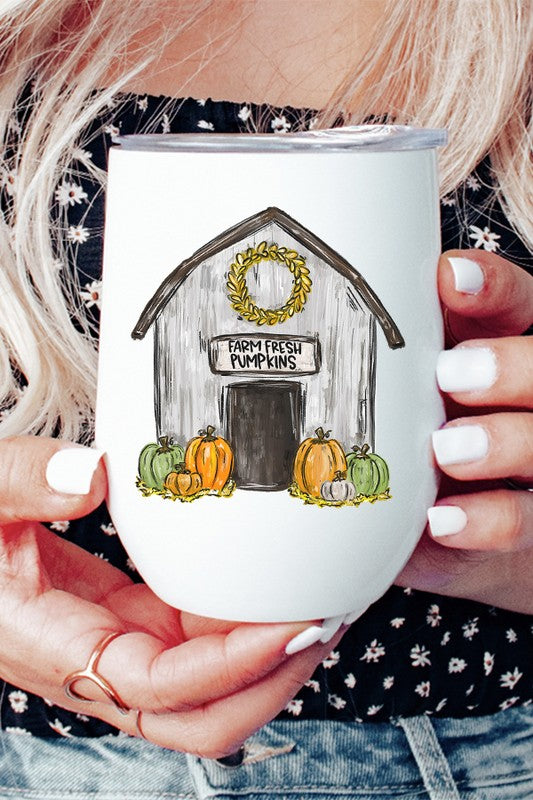 Fall Farm Fresh Pumpkins Barn Wine Cup Tumbler