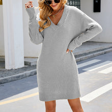 Load image into Gallery viewer, Solid V-neck European And American Long Women&#39;s Knitting Dress