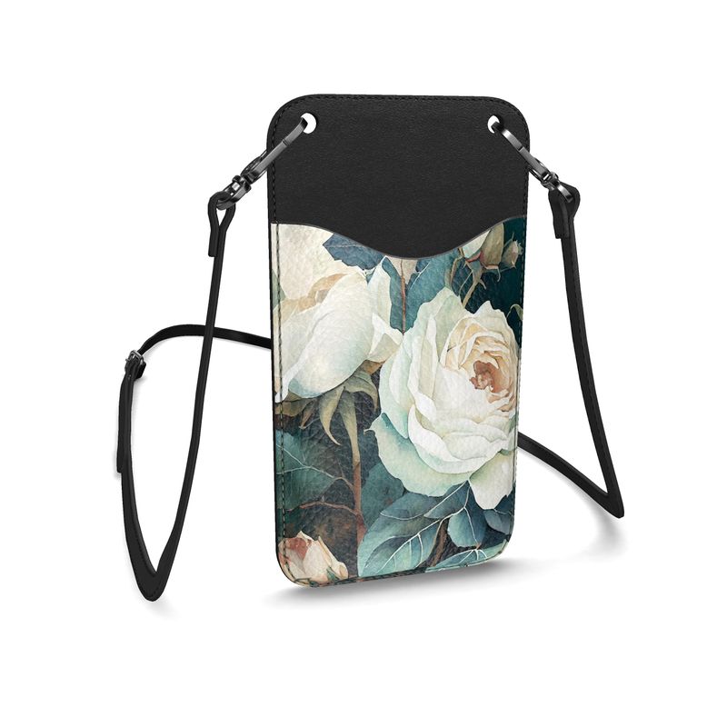White Rose Leather Phone Case With Strap