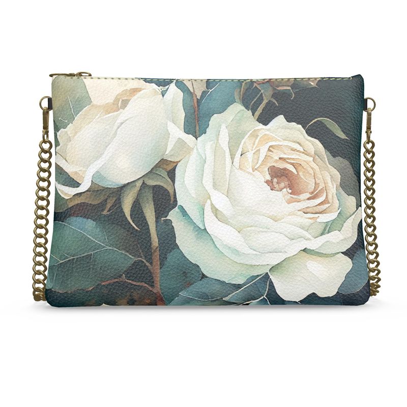 White Rose Luxury Leather Crossbody Bag with Chain
