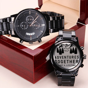 Adventures Together Engraved Design Black Chronograph Watch